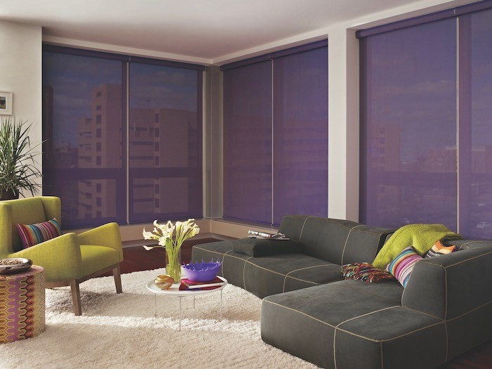 A living room with gray sofa, purple shades and lime green accents.