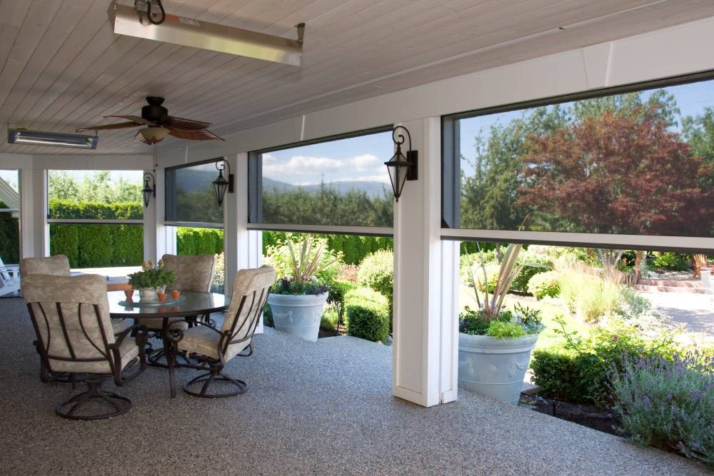 Phantom® Screens Patio Shades overlooking a garden near Arvada, Colorado (CO)